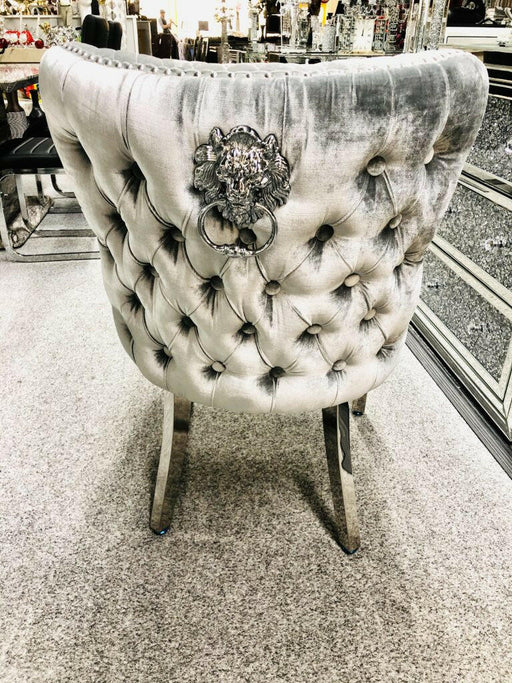 Crushed velvet dining chairs with lion knocker deals
