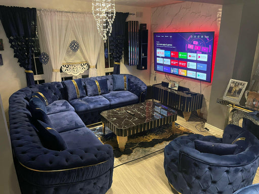 Ambassador Corner Sofa Navy Blue And Gold Chrometrimsofa goldtrimsofa velvetsofa dubaisofacollection plushvelvetsofas luxurysofa uniquesofas furniture sofas sofa cornersofa 3+2sofa homedecor design interiordesign livingroom home furnituredesigns love bespoke bespokesofas