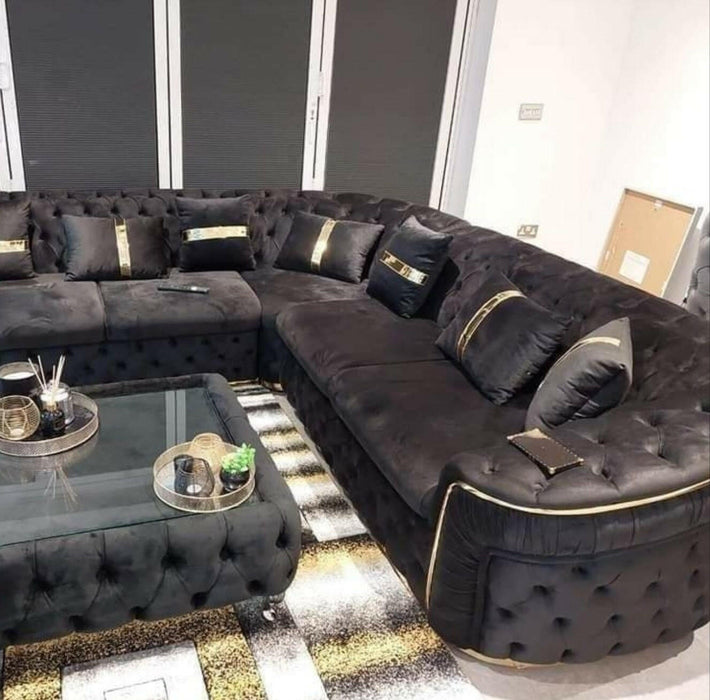 Ambassador corner velvet chesterfield black corner sofa Chrometrimsofa goldtrimsofa velvetsofa dubaisofacollection plushvelvetsofas luxurysofa uniquesofas furniture sofas sofa cornersofa 3+2sofa homedecor design interiordesign livingroom home furnituredesigns love bespoke bespokesofas