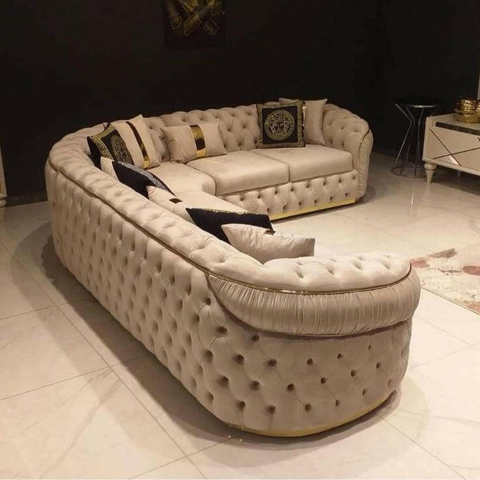 Ambassador cream velvet corner sofa with gold detailin Chrometrimsofa goldtrimsofa velvetsofa dubaisofacollection plushvelvetsofas luxurysofa uniquesofas furniture sofas sofa cornersofa 3+2sofa homedecor design interiordesign livingroom home furnituredesigns love bespoke bespokesofas