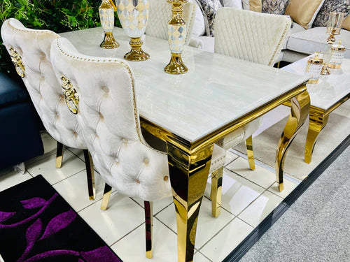 Regal Dining Set: Sofia Table, Victoria Lion Knocker Chairs, Victoria Dining Bench