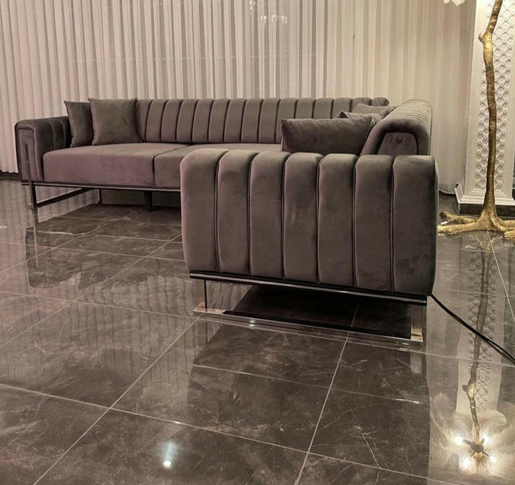 velvet modern corner grey sofa Chrometrimsofa goldtrimsofa velvetsofa dubaisofacollection plushvelvetsofas luxurysofa uniquesofas furniture sofas sofa cornersofa 3+2sofa homedecor design interiordesign livingroom home furnituredesigns love bespoke bespokesofas